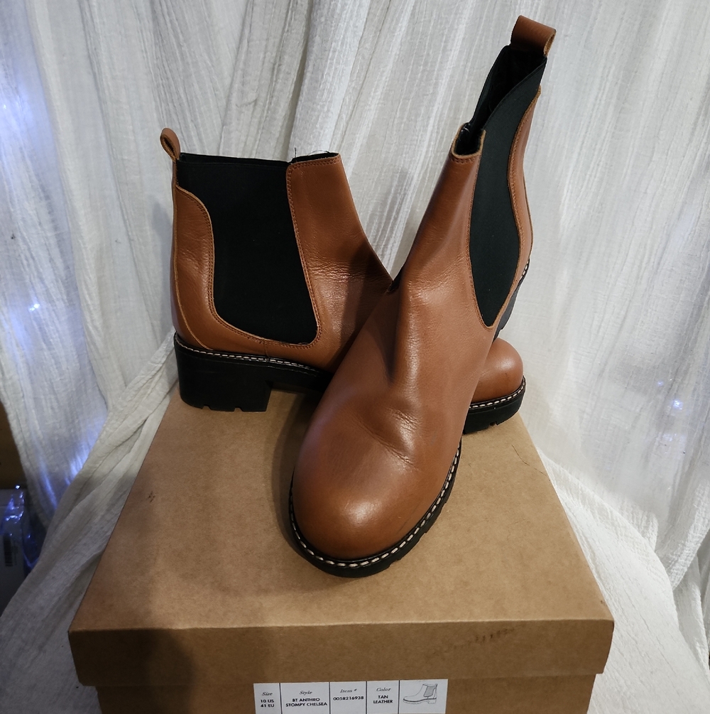 Anthropologie Cognac Tan Leather Chelsea Boots with Black Elastic